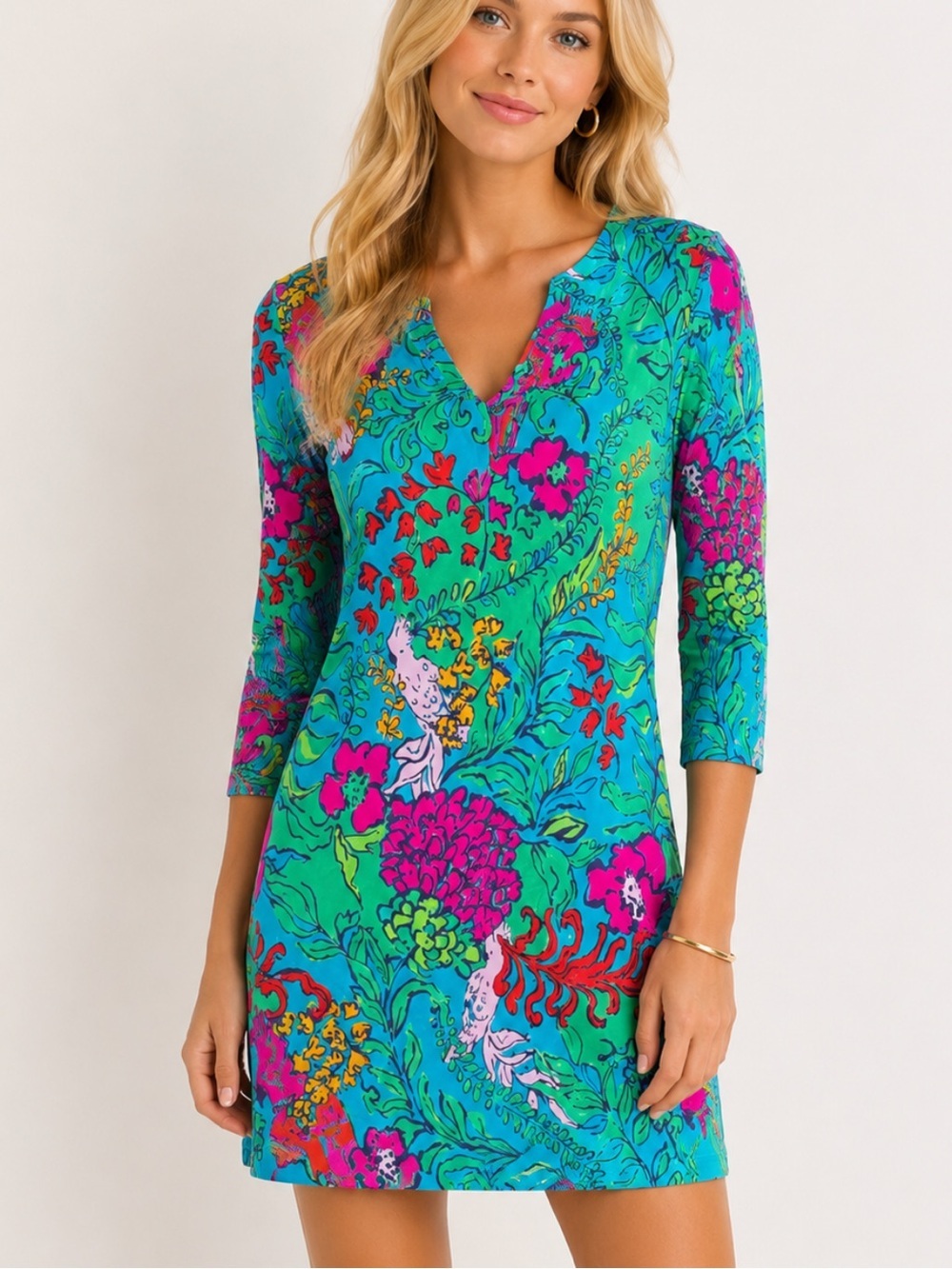 Lilly Pulitzer Rejina Floral Knit Shift Dress XS 3/4 Sleeve V-Neck 8453